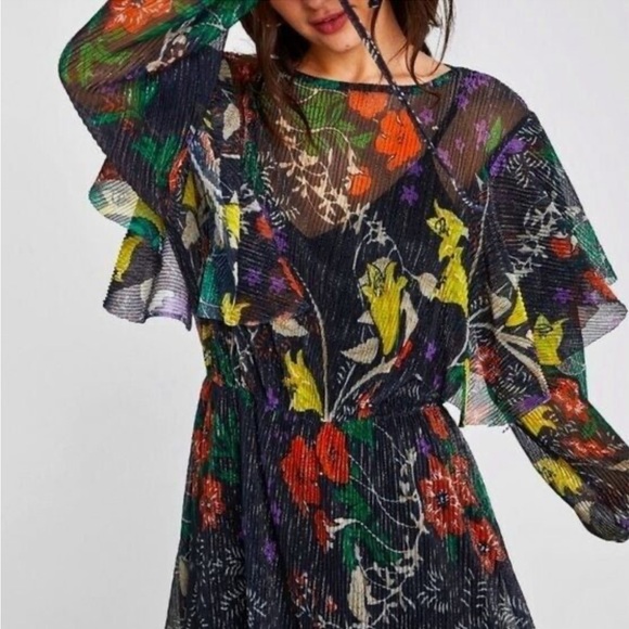 NWT Zara Collection Woman Basic Shimmer Floral Black Long Sleeve Dress S… - Picture 2 of 16